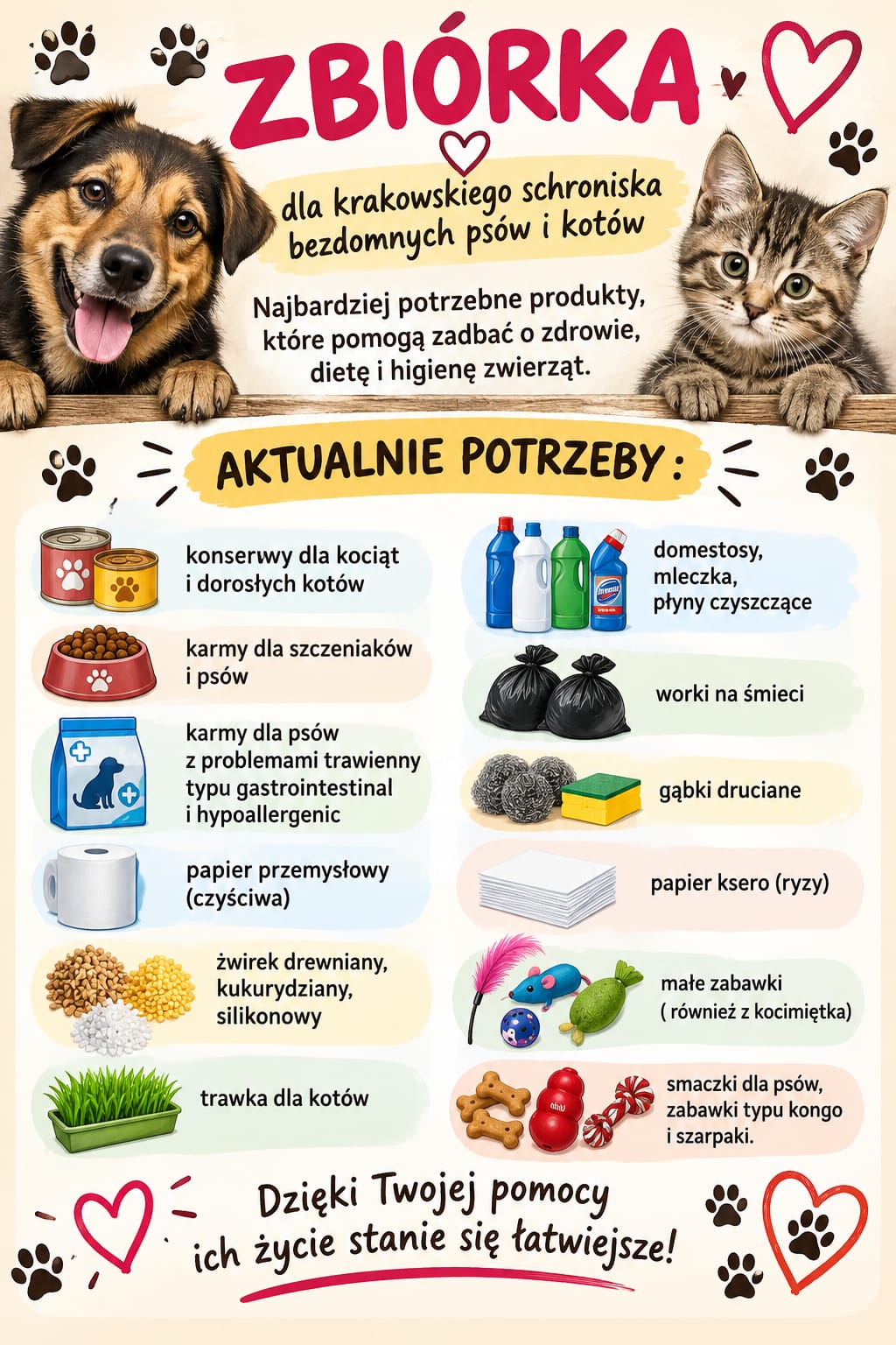 Zbiórka darów dla krakowskiego schroniska bezdomnych psów i kotów Zbiórka darów dla krakowskiego schroniska bezdomnych psów i kotów